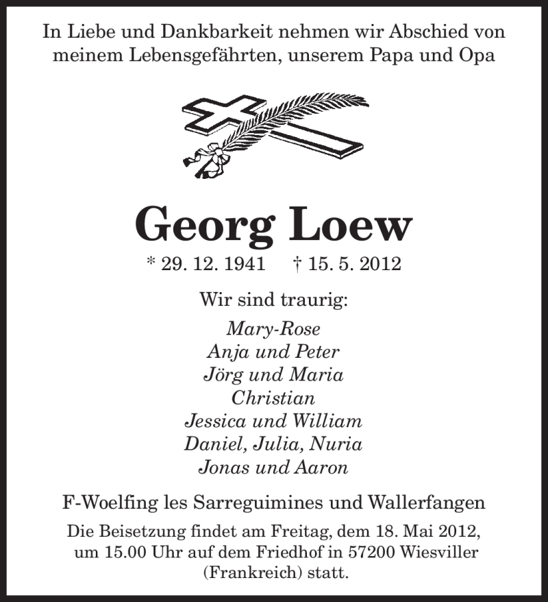  Traueranzeige für Georg Loew vom 16.05.2012 aus SAARBRÜCKER ZEITUNG
