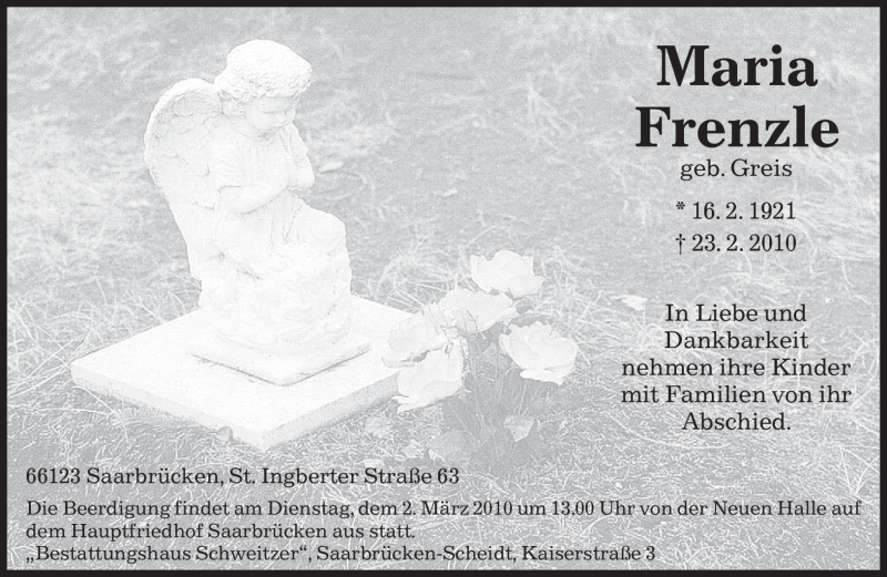  Traueranzeige für Maria Frenzle vom 27.02.2010 aus SAARBRÜCKER ZEITUNG