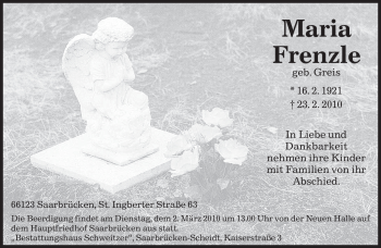 Traueranzeige von Maria Frenzle von SAARBRÜCKER ZEITUNG
