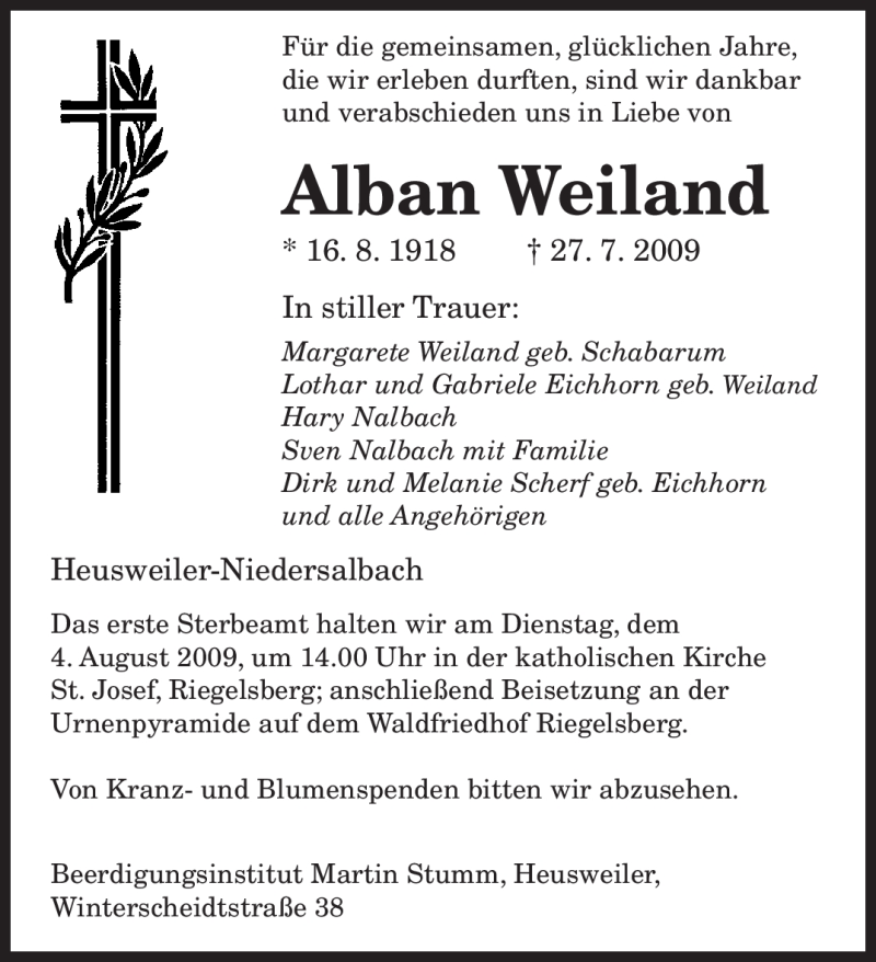  Traueranzeige für Alban Weiland vom 01.08.2009 aus SAARBRÜCKER ZEITUNG