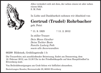 Traueranzeige von Gertrud Rohrbacher von SAARBRÜCKER ZEITUNG