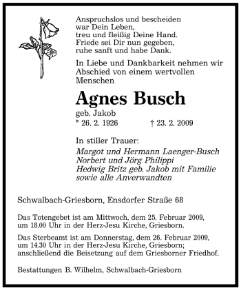 Traueranzeige von Agnes Busch von SAARBRÜCKER ZEITUNG
