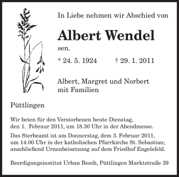 Traueranzeige von Albert Wendel von SAARBRÜCKER ZEITUNG