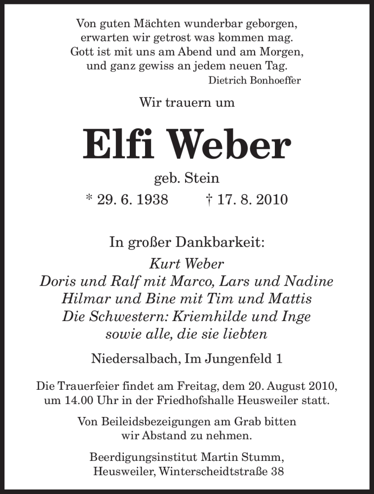  Traueranzeige für Elfi Weber vom 18.08.2010 aus SAARBRÜCKER ZEITUNG