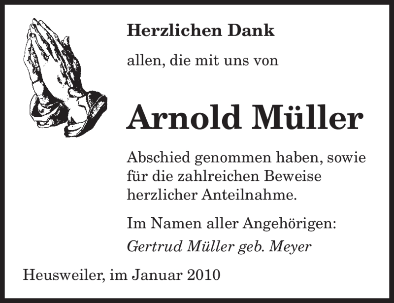  Traueranzeige für Arnold Müller vom 23.01.2010 aus SAARBRÜCKER ZEITUNG