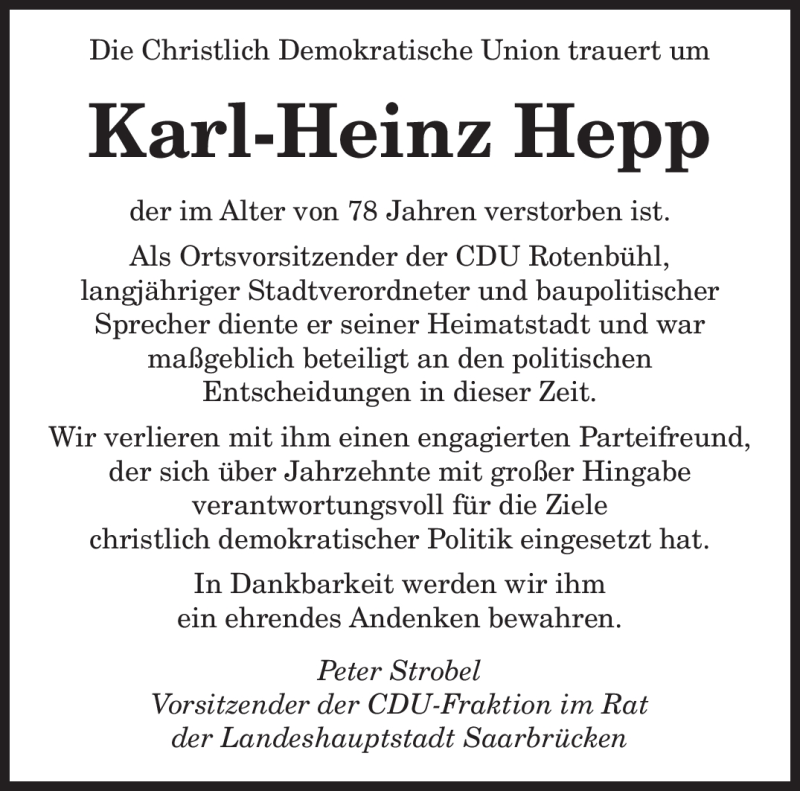 Traueranzeigen Von Karl Heinz Hepp Saarbruecker Zeitung Trauer De