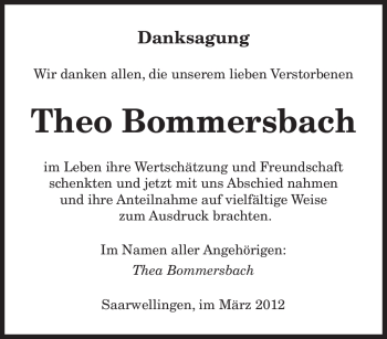 Traueranzeige von Theo Bommersbach von SAARBRÜCKER ZEITUNG
