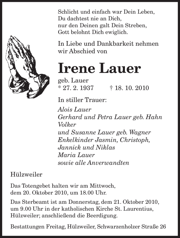  Traueranzeige für Irene Lauer vom 19.10.2010 aus SAARBRÜCKER ZEITUNG