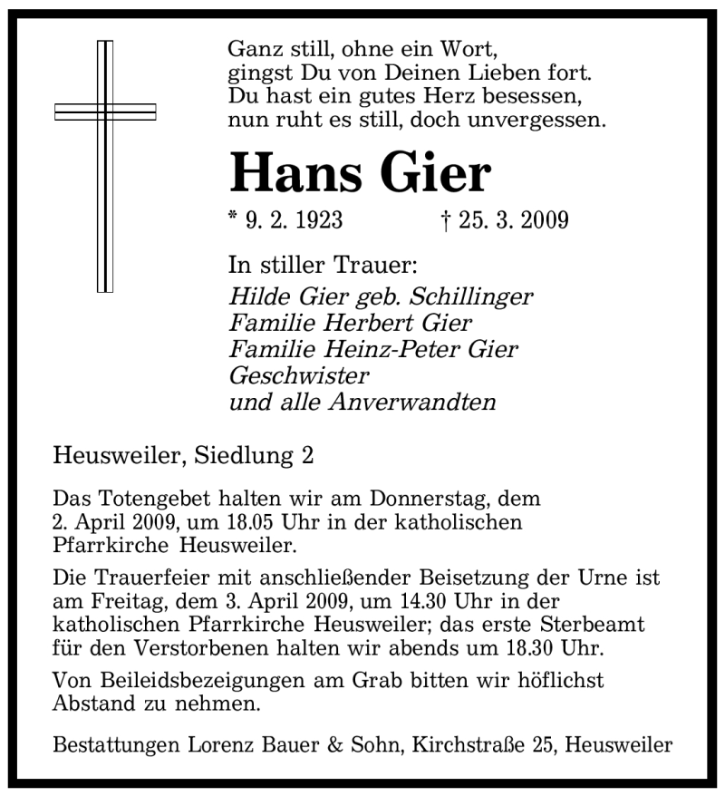  Traueranzeige für Hans Gier vom 28.03.2009 aus SAARBRÜCKER ZEITUNG