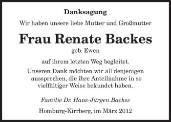 Traueranzeige von Renate Backes von SAARBRÜCKER ZEITUNG