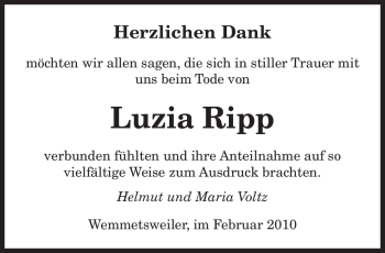 Traueranzeige von Luzia Ripp von SAARBRÜCKER ZEITUNG