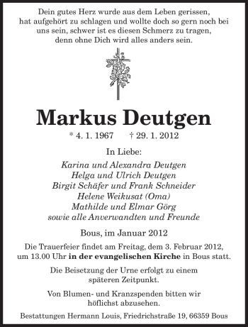 Traueranzeige von Markus Deutgen von SAARBRÜCKER ZEITUNG