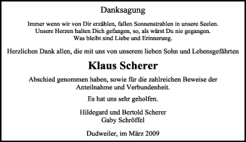Traueranzeige von Klaus Scherer von SAARBRÜCKER ZEITUNG