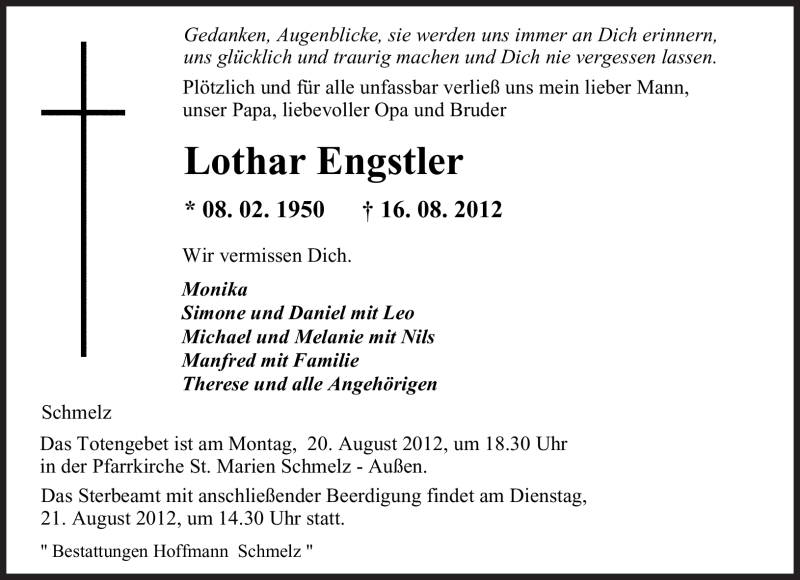  Traueranzeige für Lothar Engstler vom 18.08.2012 aus SAARBRÜCKER ZEITUNG