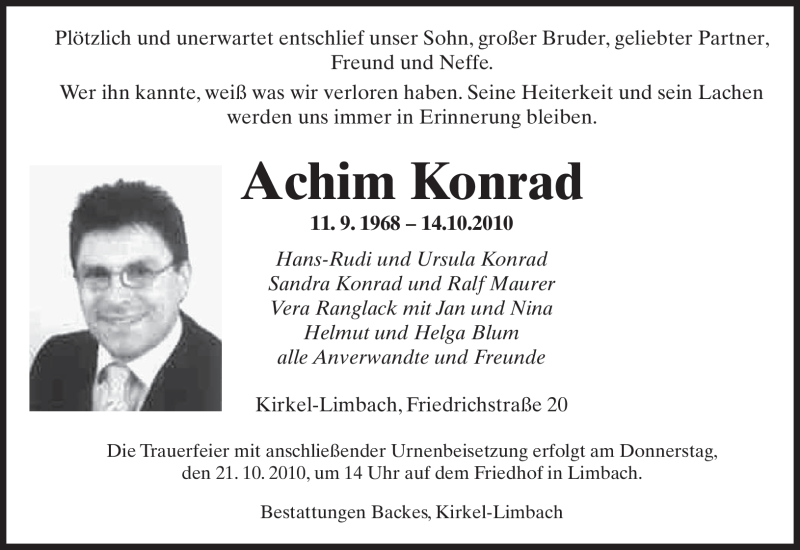  Traueranzeige für Achim Konrad vom 19.10.2010 aus SAARBRÜCKER ZEITUNG