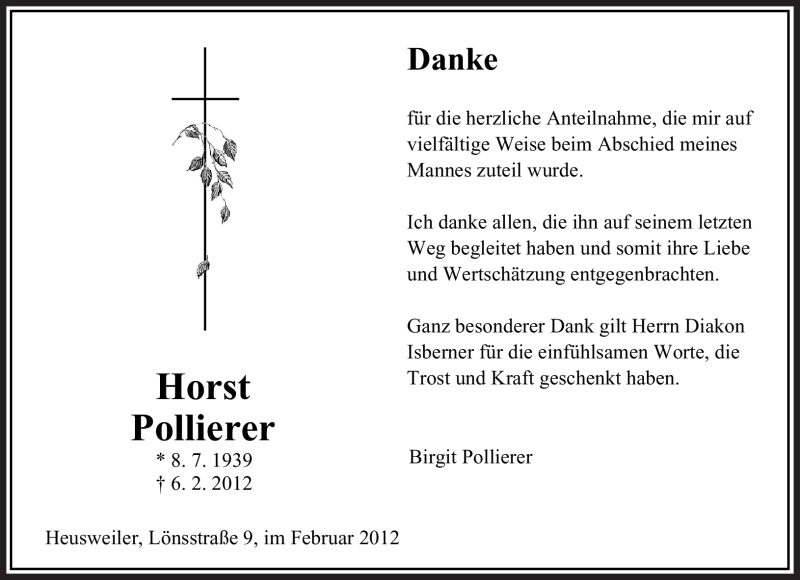  Traueranzeige für Horst Pollierer vom 18.02.2012 aus SAARBRÜCKER ZEITUNG