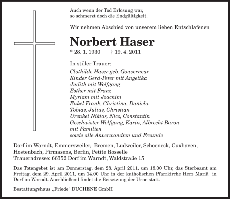  Traueranzeige für Norbert Haser vom 23.04.2011 aus SAARBRÜCKER ZEITUNG