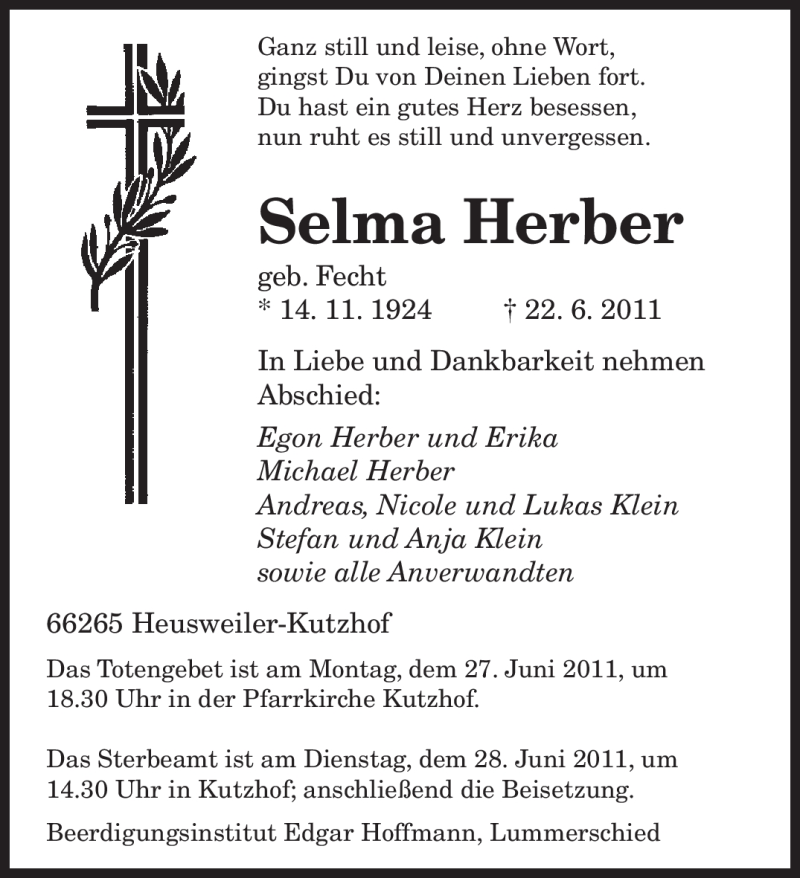 Traueranzeige für Selma Herber vom 25.06.2011 aus SAARBRÜCKER ZEITUNG