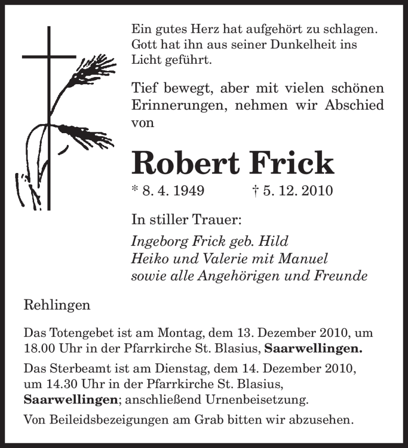  Traueranzeige für Robert Frick vom 11.12.2010 aus SAARBRÜCKER ZEITUNG