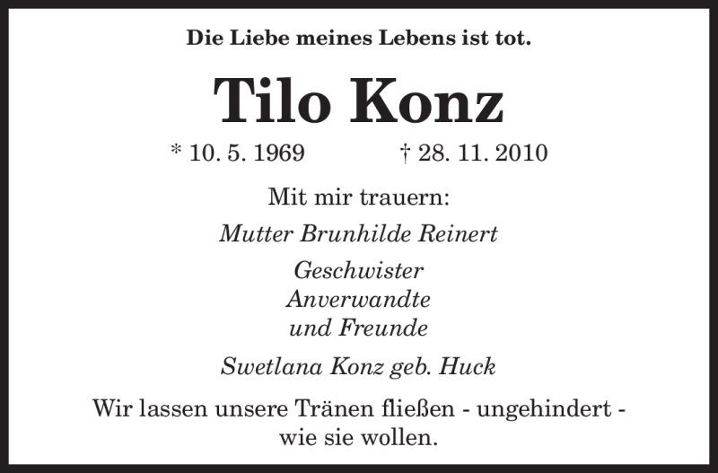  Traueranzeige für Tilo Konz vom 04.12.2010 aus SAARBRÜCKER ZEITUNG