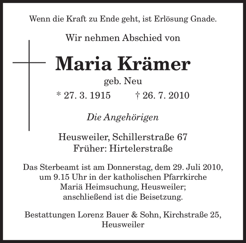  Traueranzeige für Maria Krämer vom 28.07.2010 aus SAARBRÜCKER ZEITUNG