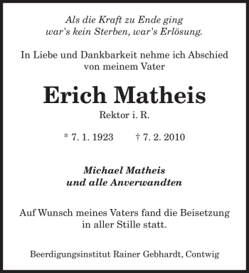 Traueranzeige von Erich Matheis von SAARBRÜCKER ZEITUNG