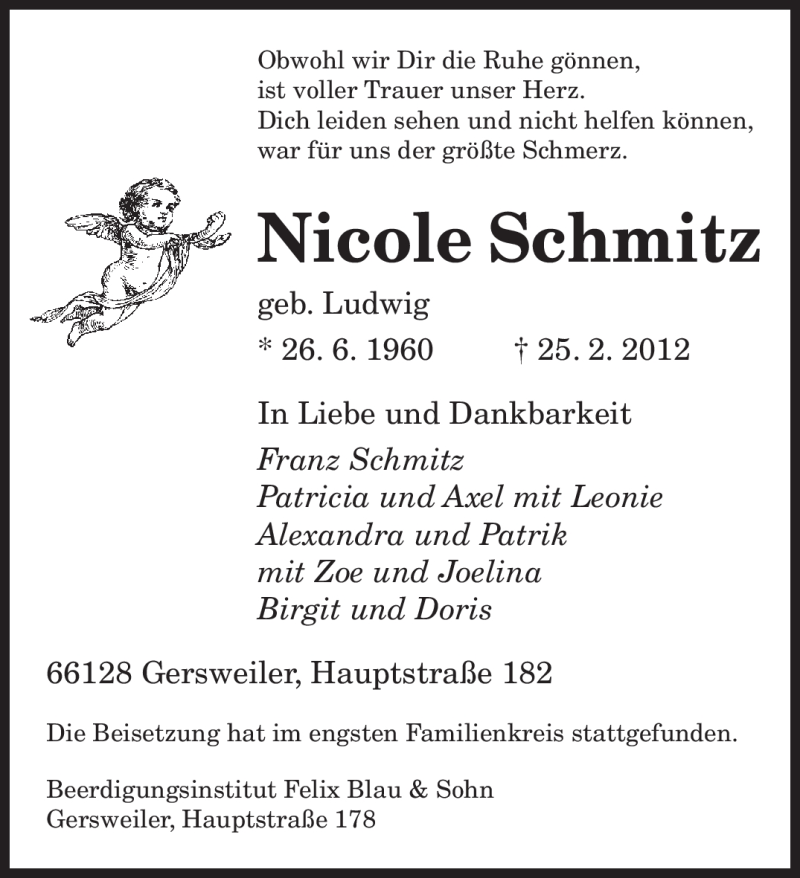  Traueranzeige für Nicole Schmitz vom 08.03.2012 aus SAARBRÜCKER ZEITUNG