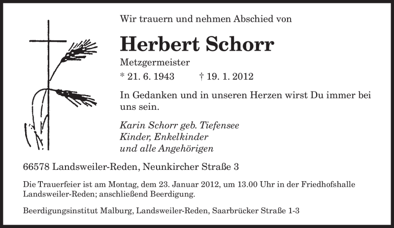  Traueranzeige für Herbert Schorr vom 20.01.2012 aus SAARBRÜCKER ZEITUNG