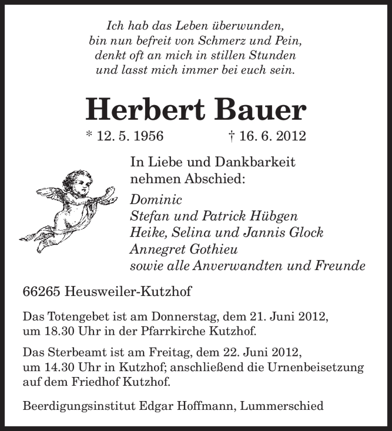  Traueranzeige für Herbert Bauer vom 20.06.2012 aus SAARBRÜCKER ZEITUNG
