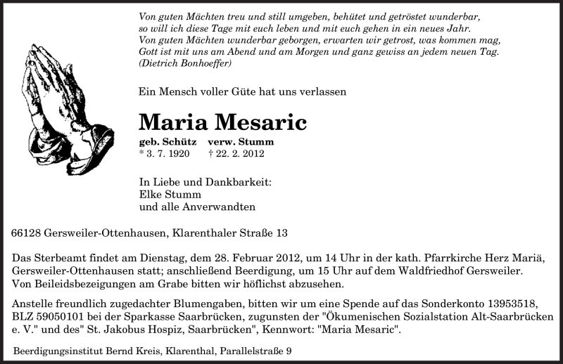  Traueranzeige für Maria Mesaric vom 25.02.2012 aus SAARBRÜCKER ZEITUNG