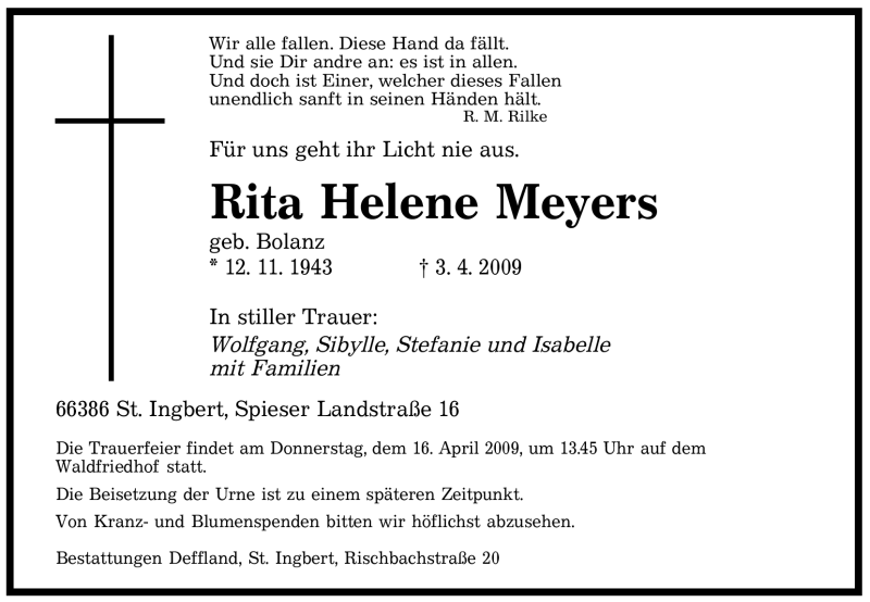  Traueranzeige für Rita Helene Meyers vom 09.04.2009 aus SAARBRÜCKER ZEITUNG
