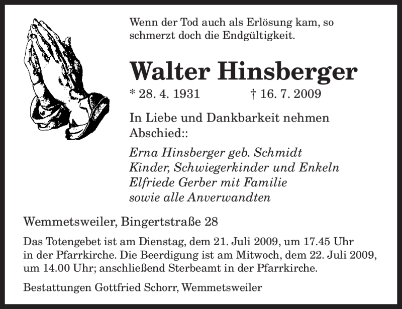 Traueranzeigen Von Walter Hinsberger | Saarbruecker-Zeitung.Trauer.de