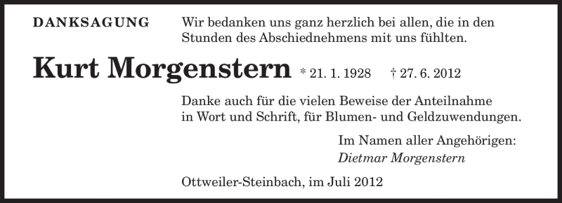  Traueranzeige für Kurt Morgenstern vom 20.07.2012 aus SAARBRÜCKER ZEITUNG