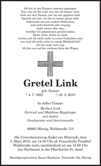 Traueranzeige von Gretel Link von SAARBRÜCKER ZEITUNG