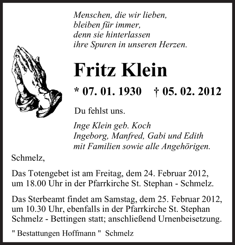  Traueranzeige für Fritz Klein vom 23.02.2012 aus SAARBRÜCKER ZEITUNG