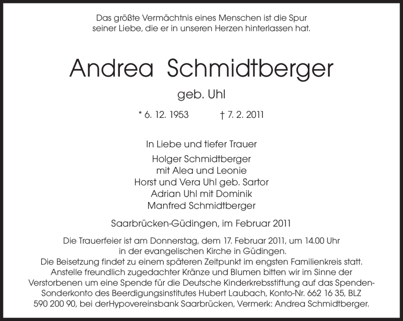  Traueranzeige für Andrea Schmidtberger vom 12.02.2011 aus SAARBRÜCKER ZEITUNG