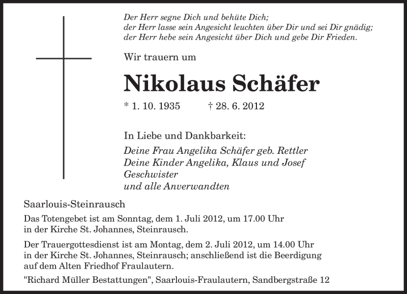  Traueranzeige für Nikolaus Schäfer vom 30.06.2012 aus SAARBRÜCKER ZEITUNG