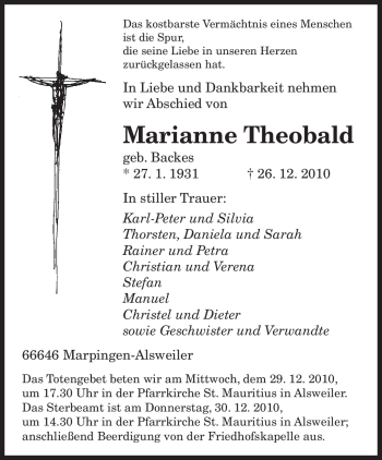 Traueranzeige von Marianne Theobald von SAARBRÜCKER ZEITUNG