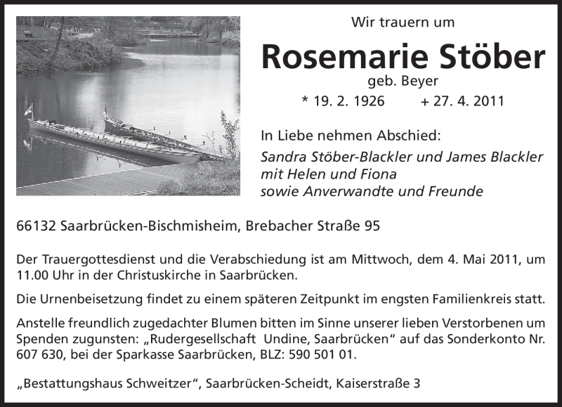  Traueranzeige für Rosemarie Stöber vom 30.04.2011 aus SAARBRÜCKER ZEITUNG