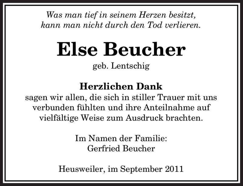  Traueranzeige für Else Beucher vom 30.09.2011 aus SAARBRÜCKER ZEITUNG