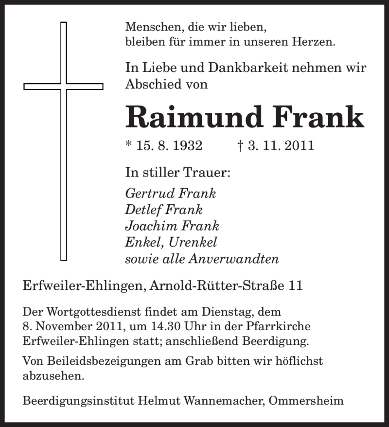  Traueranzeige für Raimund Frank vom 05.11.2011 aus SAARBRÜCKER ZEITUNG