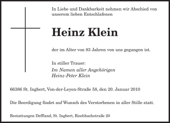 Traueranzeige von Heinz Klein von SAARBRÜCKER ZEITUNG