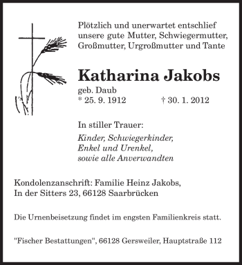 Traueranzeige von Katharina Jakobs von SAARBRÜCKER ZEITUNG