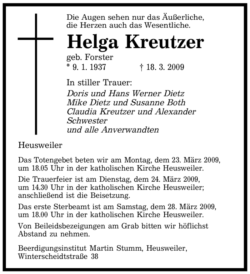  Traueranzeige für Helga Kreutzer vom 21.03.2009 aus SAARBRÜCKER ZEITUNG