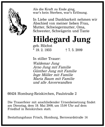 Traueranzeige von Hildegard Jung von SAARBRÜCKER ZEITUNG