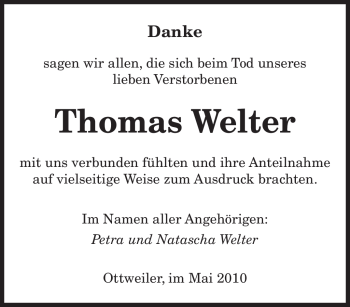 Traueranzeige von Thomas Welter von SAARBRÜCKER ZEITUNG