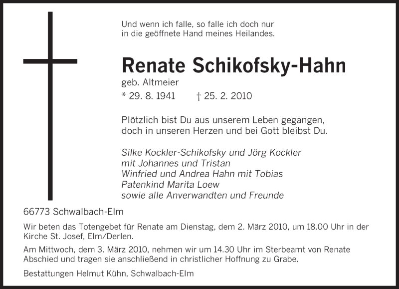  Traueranzeige für Renate Schikofsky-Hahn vom 27.02.2010 aus SAARBRÜCKER ZEITUNG
