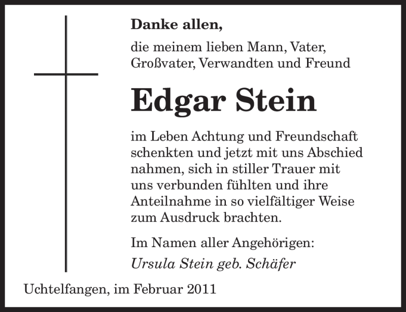  Traueranzeige für Edgar Stein vom 12.02.2011 aus SAARBRÜCKER ZEITUNG
