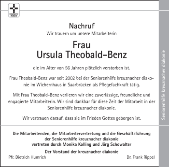 Traueranzeige von Ursula Theobald-Benz von SAARBRÜCKER ZEITUNG