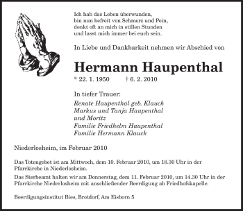 Traueranzeige von Hermann Haupenthal von SAARBRÜCKER ZEITUNG